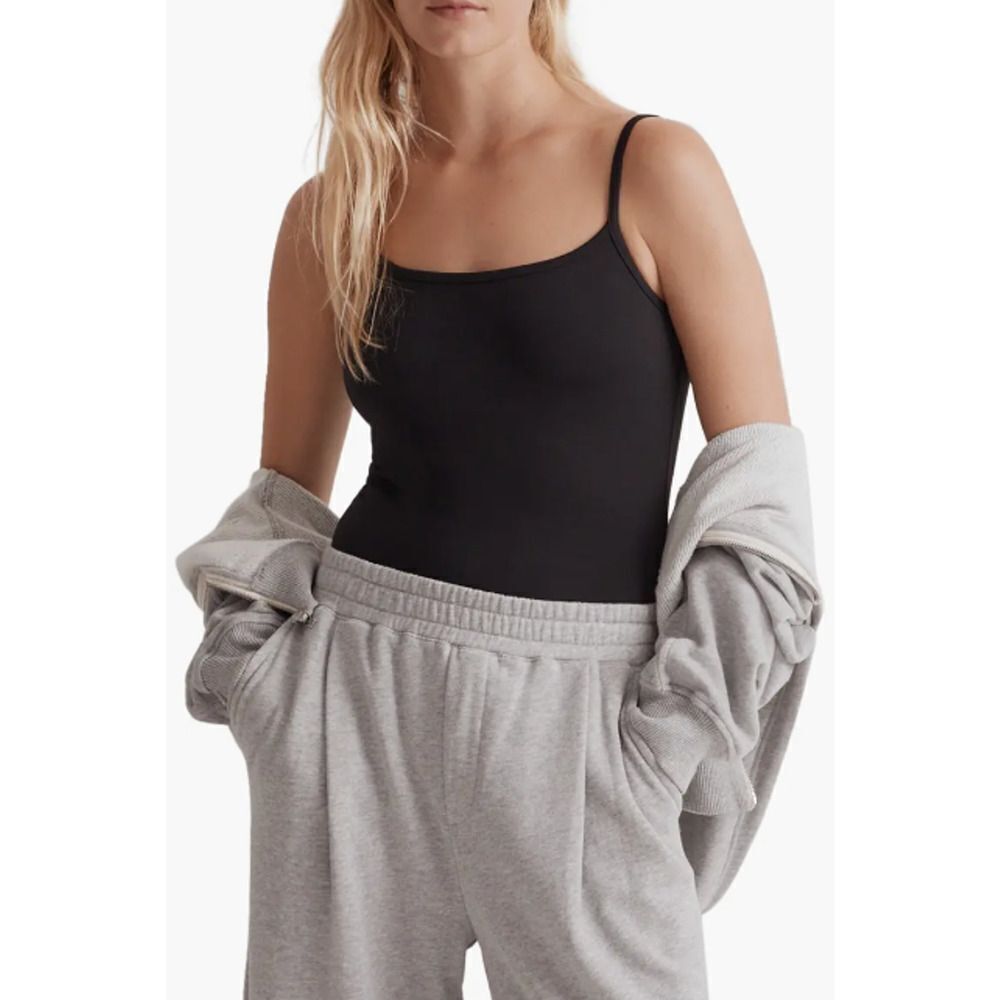 Madewell Cami Thong Tank Bodysuit Women's Medium Black Sleeveless Strappy NWT
